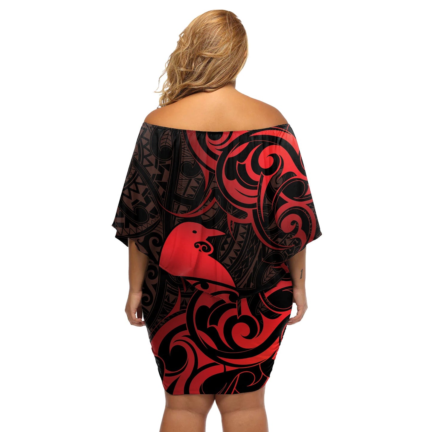Neuseeland Tui Bird Off Shoulder Kurzes blumen kleid Aotearoa Maori Muster - Rot LT14