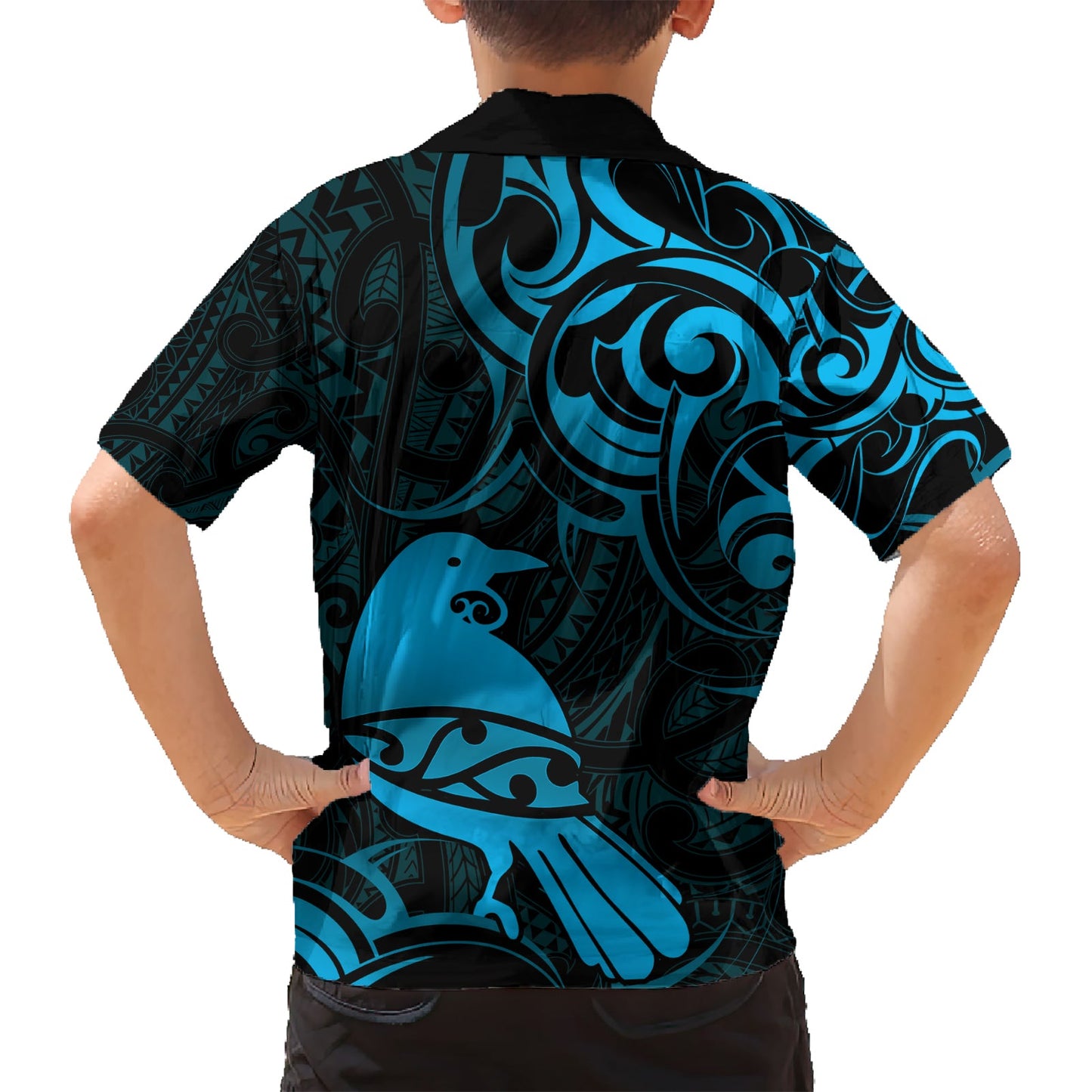 Hawaiihemd mit neuseeländischem Tui-Vogel-Muster, Aotearoa, Maori-Muster – Blau LT14