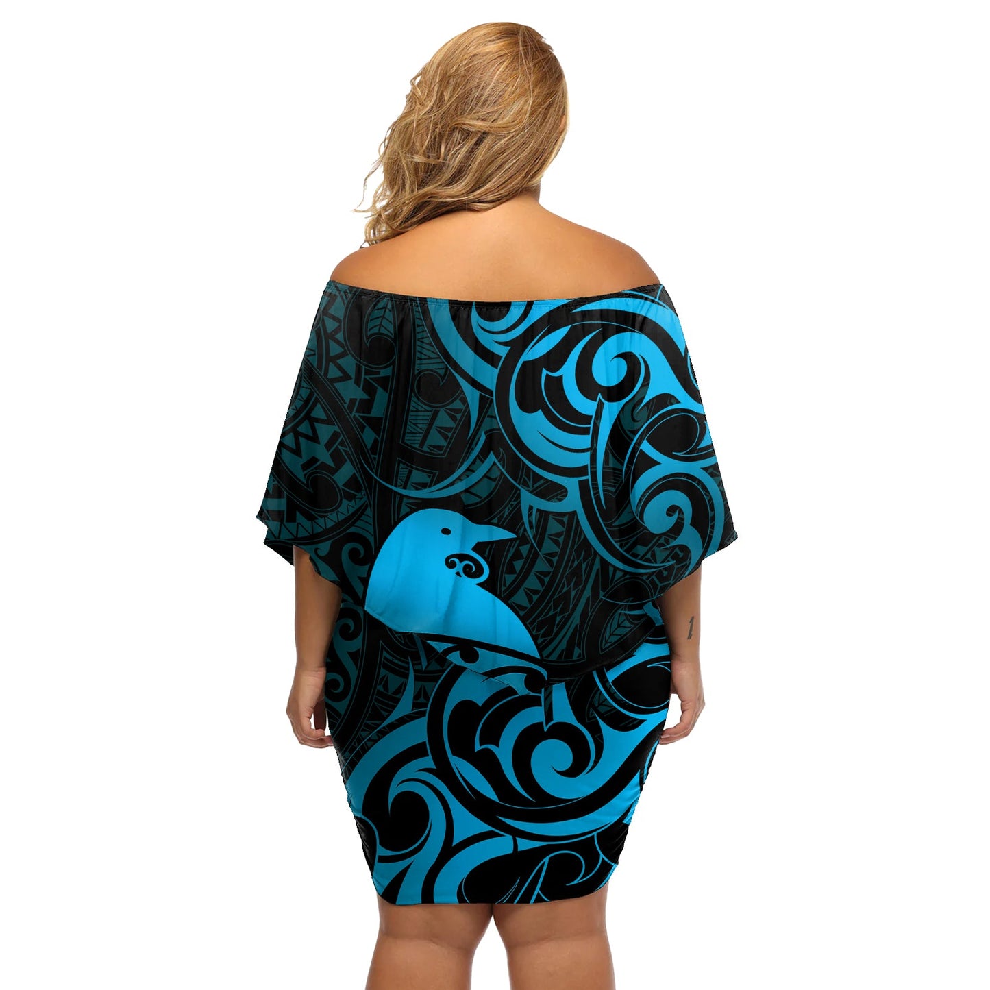 Neuseeland Tui Bird Off Shoulder Kurzes blumen kleid Aotearoa Maori Muster - Blau LT14