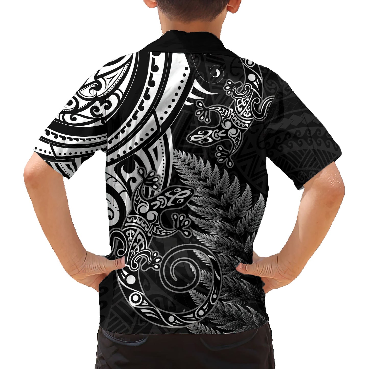 Neuseeland Eidechse Hawaiihemd Silber Farn Aotearoa Maori LT14