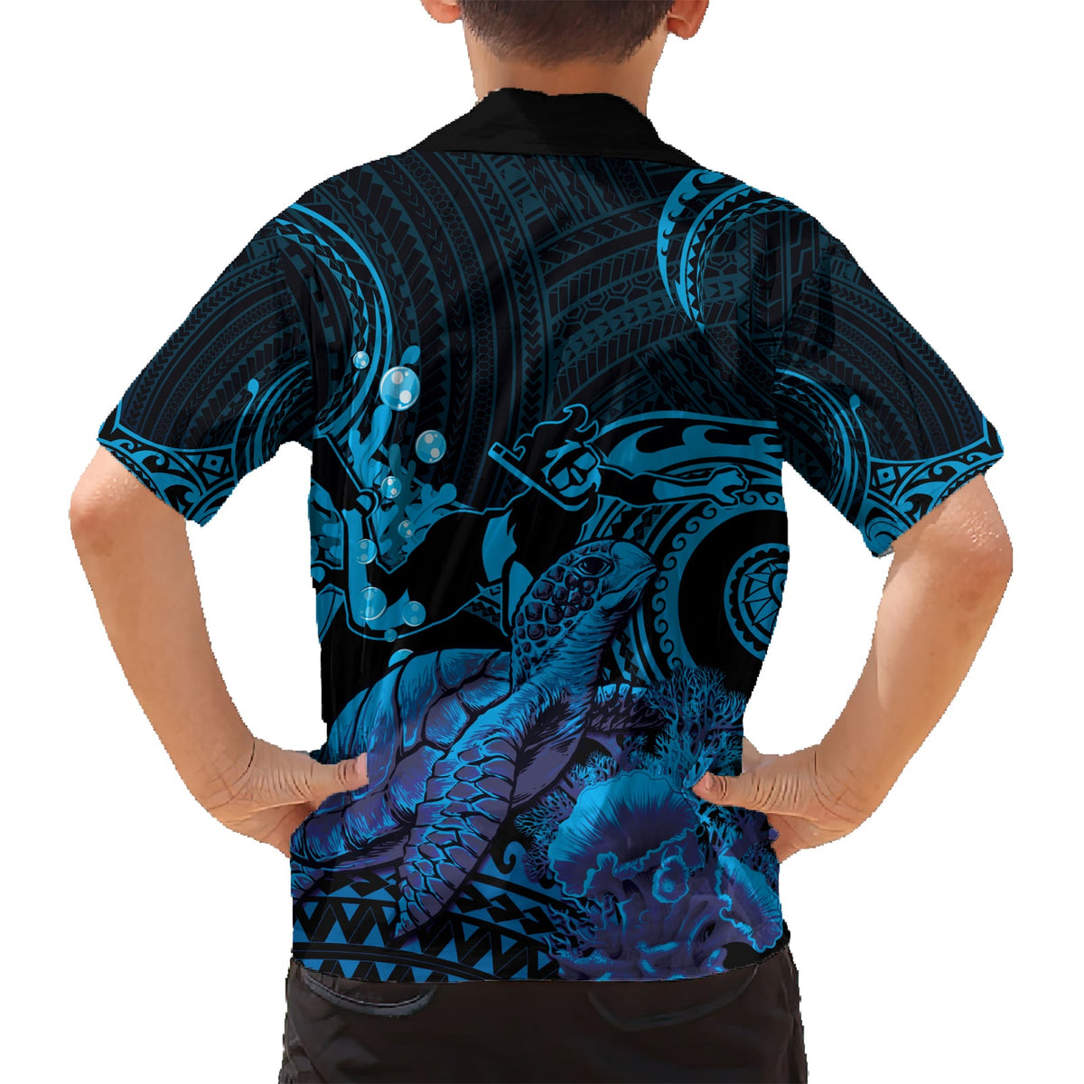 Blaues Aloha Hawaii Hawaiihemd Schnorcheln mit Meeresschildkröte Polynesisches Muster LT14