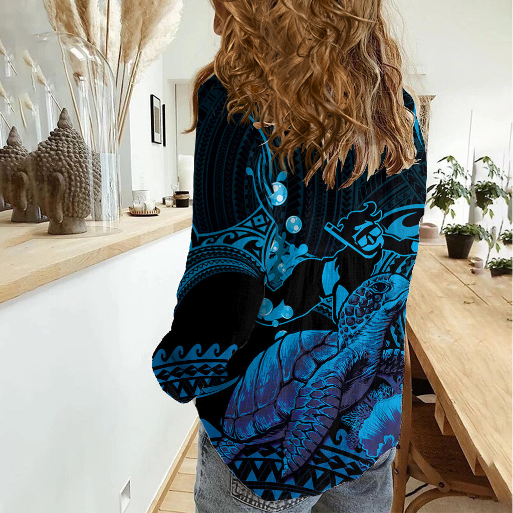 Blaues Aloha Hawaii Damen Freizeithemd Schnorcheln mit Meeresschildkröte Polynesisches Muster LT14