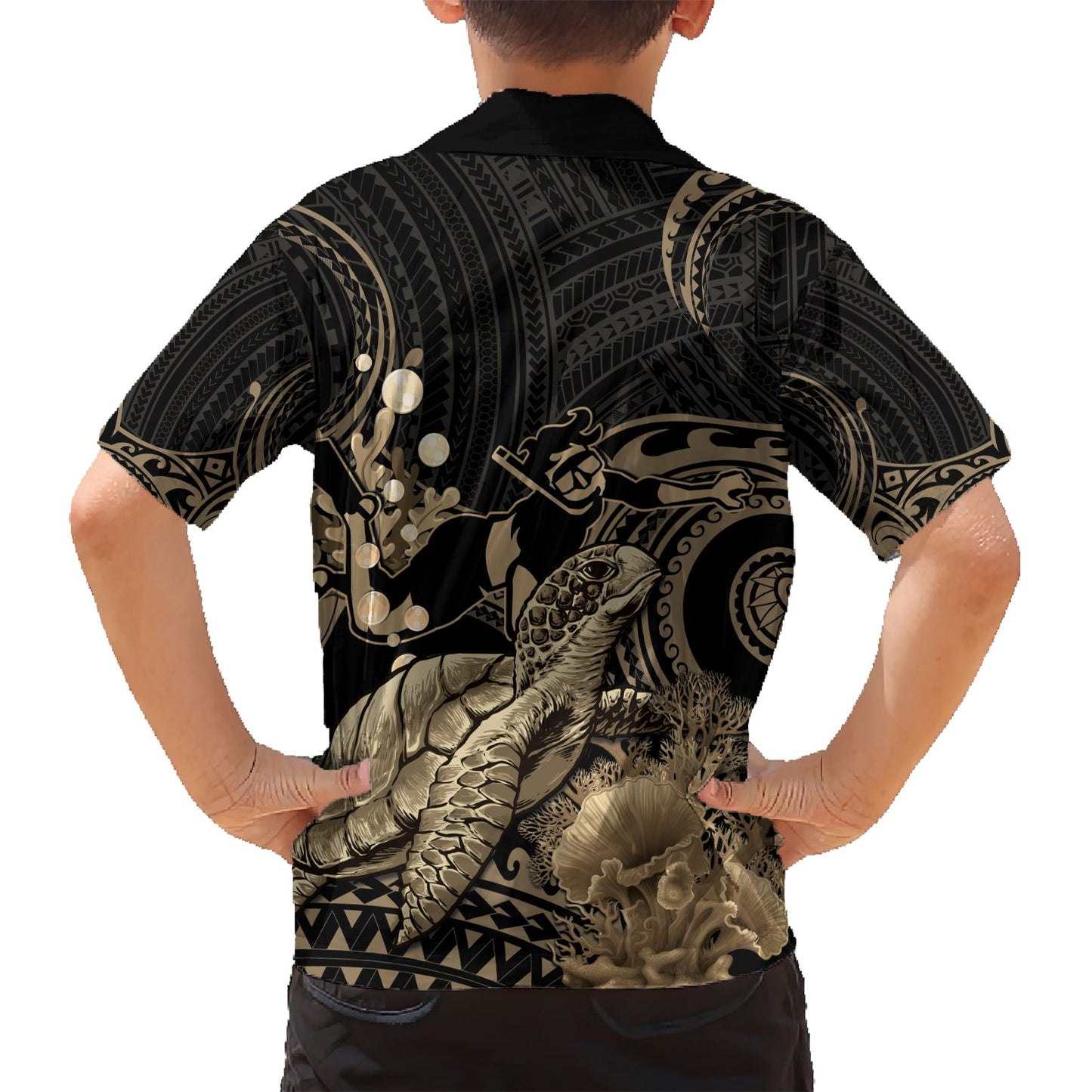 Gold Aloha Hawaii Hawaiihemd Schnorcheln mit Meeresschildkröte polynesisches Muster LT14