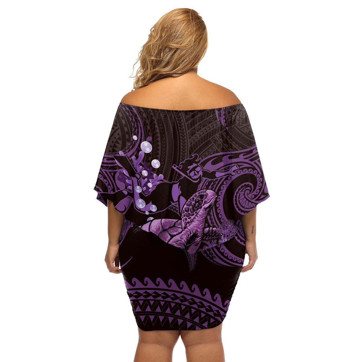 Lila Aloha Hawaii schulterfreies kurzes Kleider blumen Schnorcheln mit Meeresschildkröte polynesisches Muster LT14