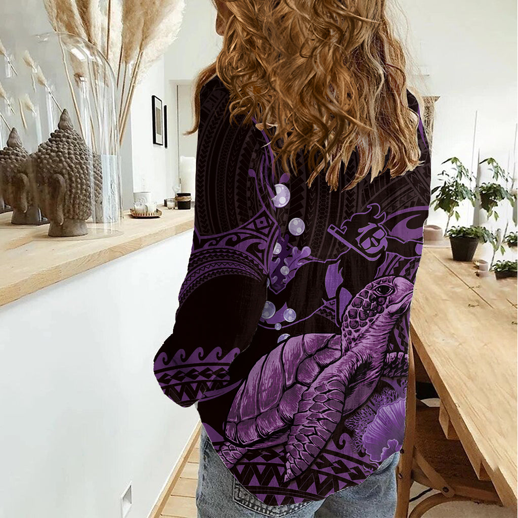 Lila Aloha Hawaii Damen Freizeithemd Schnorcheln mit Meeresschildkröte Polynesisches Muster LT14