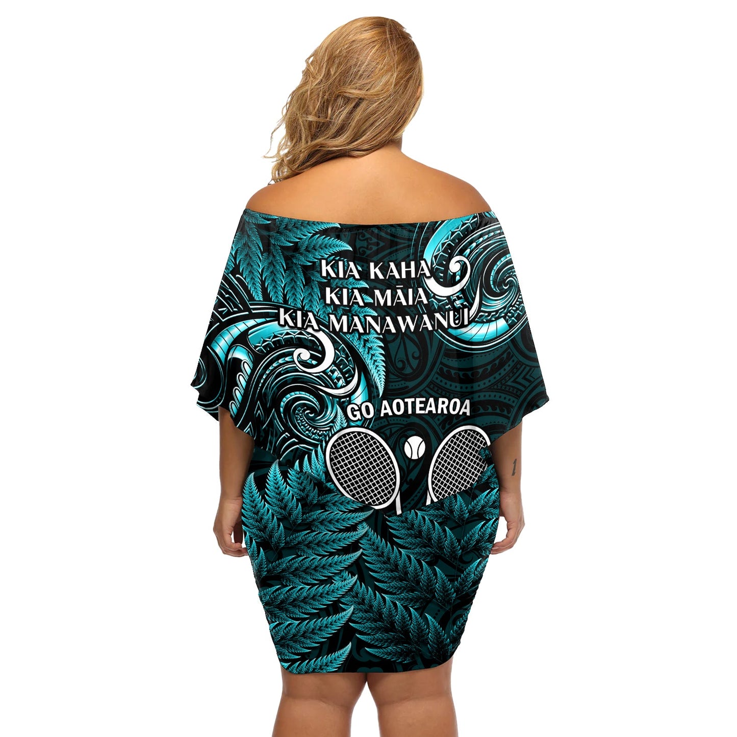 Neuseeland Tiki Tennis Off Shoulder Kurzes Kleid blumen 2024 Aotearoa Tenehi Maori Silver Fern - Türkis LT14