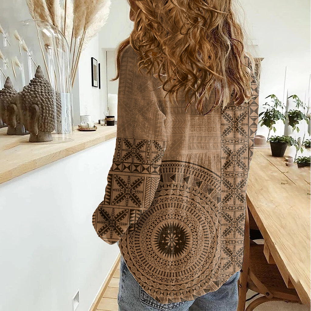 Fakaalofa Lahi Atu Niue Damen Freizeithemd Vintage Hiapo Muster Braun Version LT14