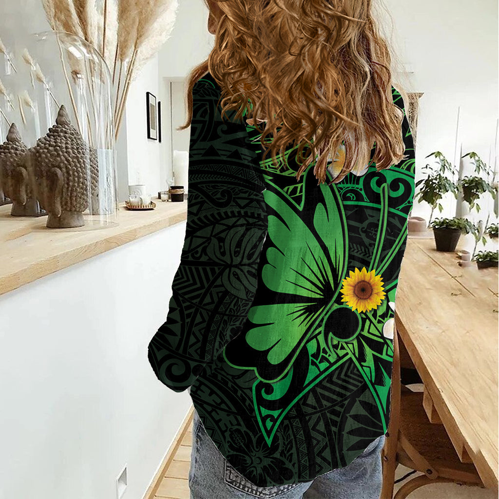 Polynesien Mental Health Awareness Damen Casual Shirt Grünes Band Be Kind To Your Mind LT14