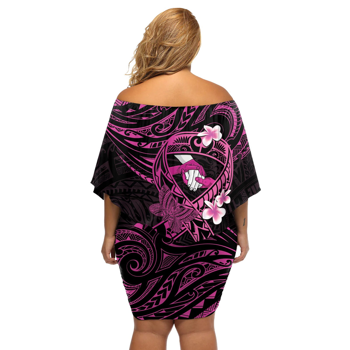 Polynesia Brustkrebs-Aufklärung, schulterfreies, kurzes Kleider blumen, Pink Ribbon No One Fights Alone – Schwarz LT14