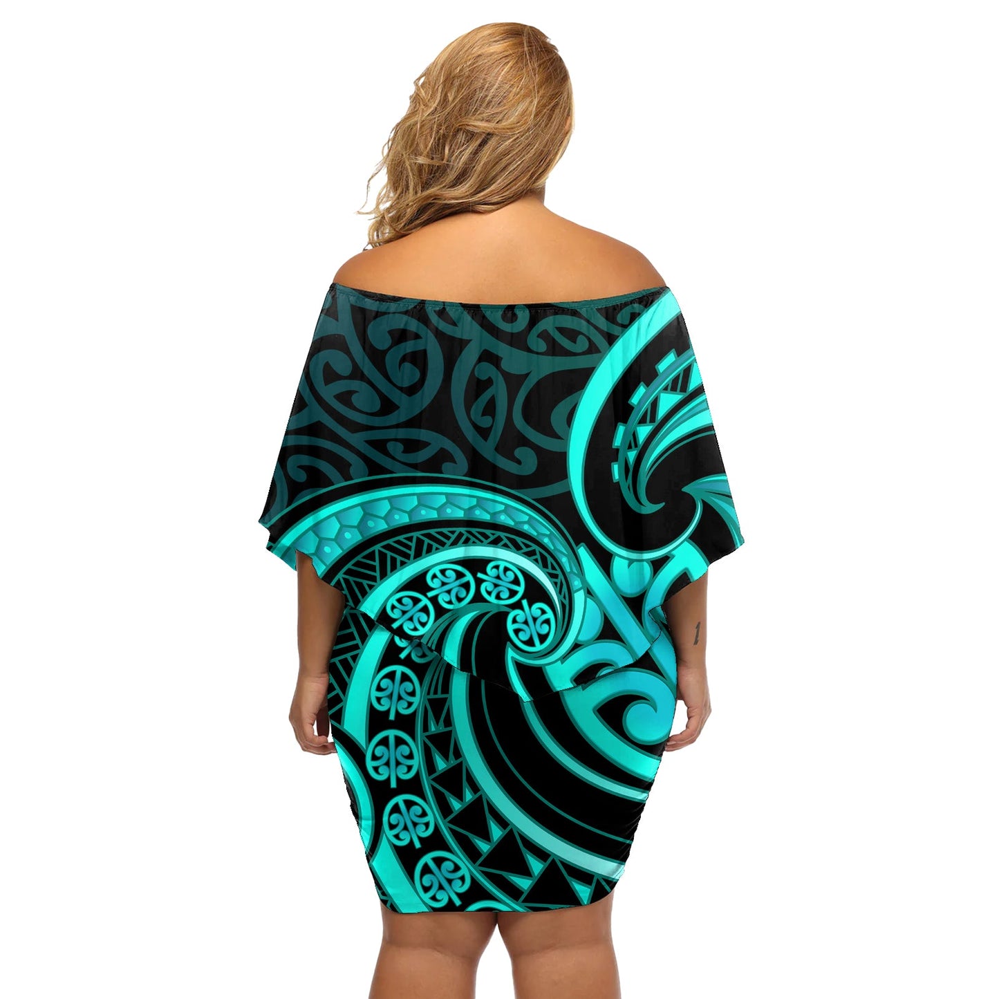 Türkises neuseeländisches Mangopare schulterfreies kurzes Kleid blumen Aotearoa Maori Koru Style LT14