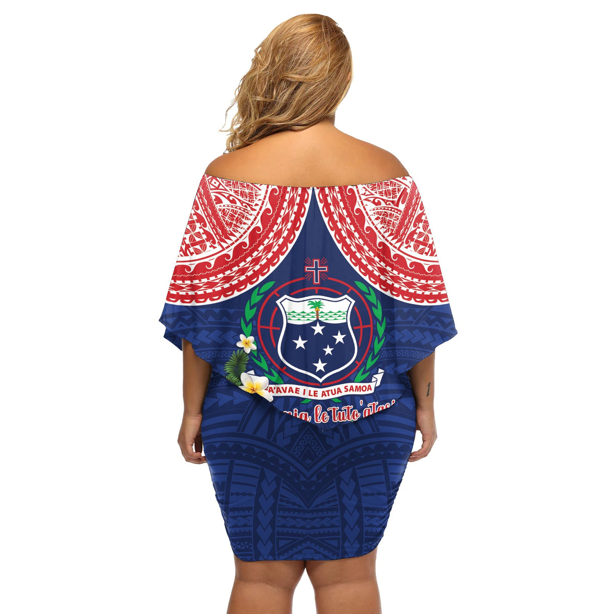Schulterfreies, kurzes Kleider blumen zum samoanischen Unabhängigkeitstag. Manuia Le Tutoatasi O Samoa LT14