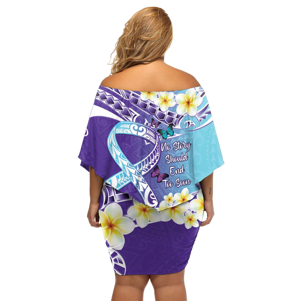 Keine Geschichte sollte zu früh enden. Suicide Awareness Off Shoulder Kurzes Kleid mit blumen Lila und Blaugrün Polynesian Ribbon LT14