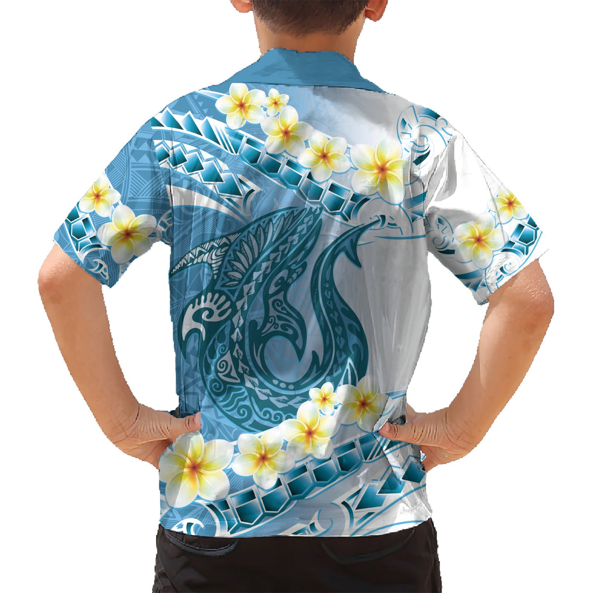 Blaues Hawaii Hai Tattoo Hawaiihemd Frangipani mit polynesischer Pastellversion LT14