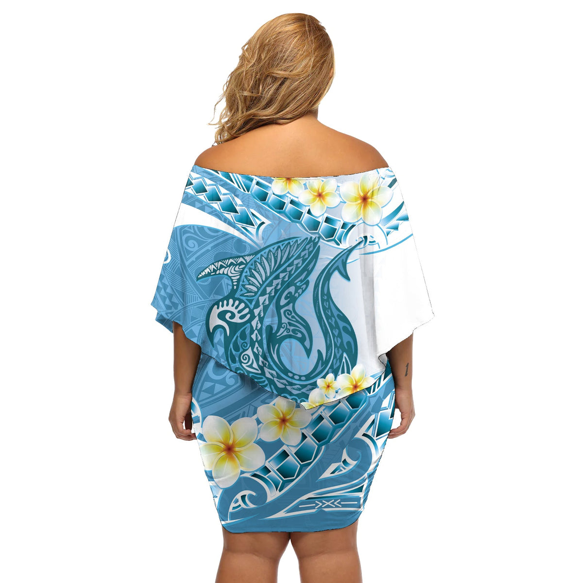 Blaues Hawaii Hai Tattoo Off Shoulder Kurzes Kleid mit blumen Frangipani mit polynesischer Pastell Version LT14