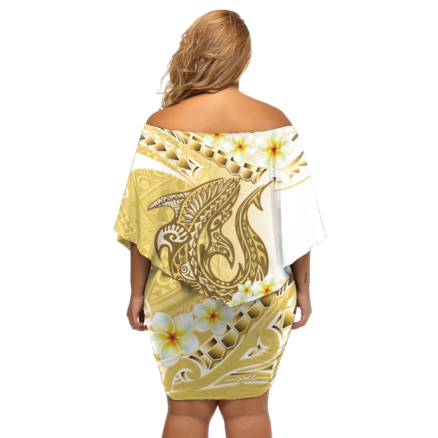 Gold Hawaii Hai Tattoo Off Shoulder Kurzes Kleid mit blumen Frangipani mit polynesischer Pastell Version LT14