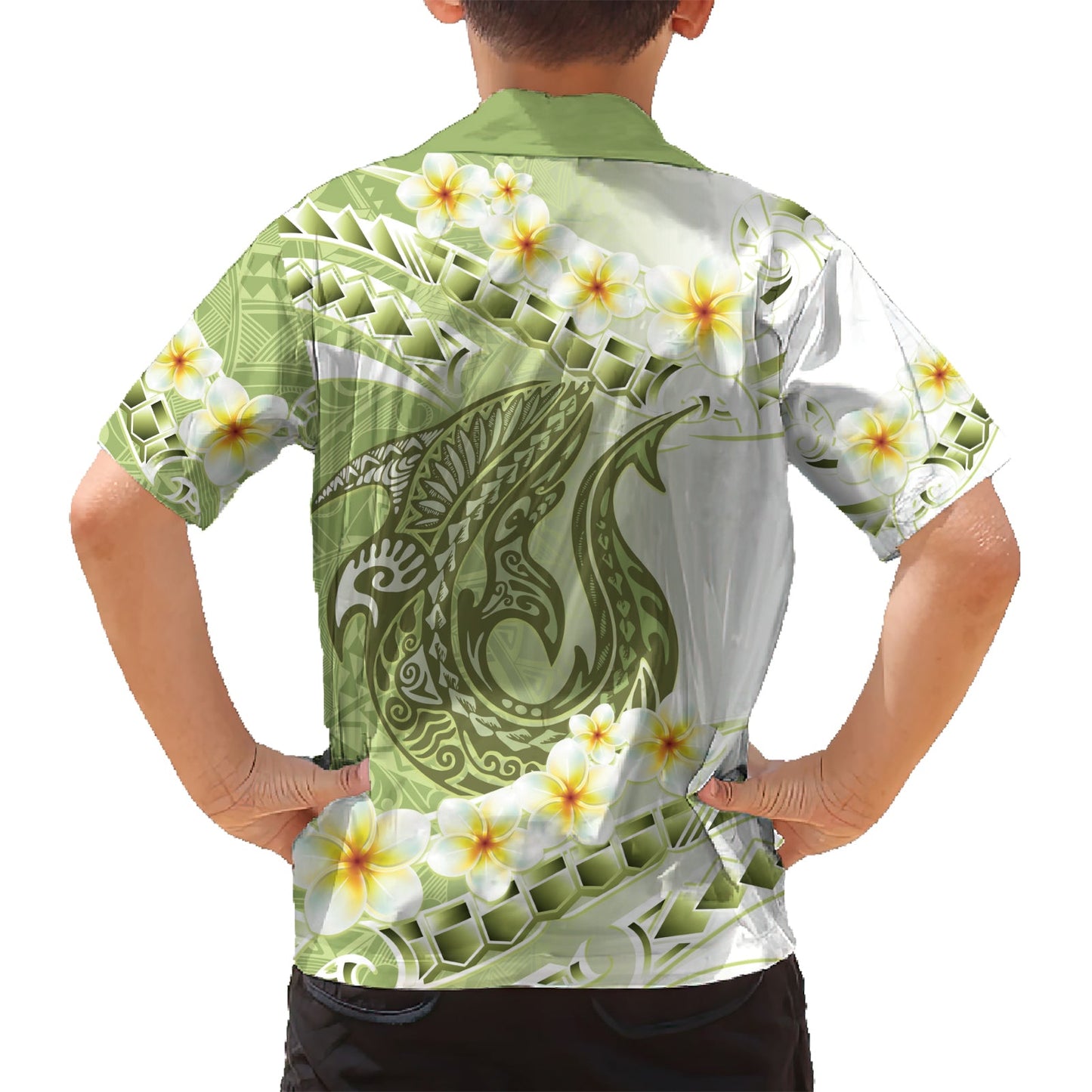 Grünes Hawaii Hai Tattoo Hawaiihemd Frangipani mit polynesischer Pastellversion LT14
