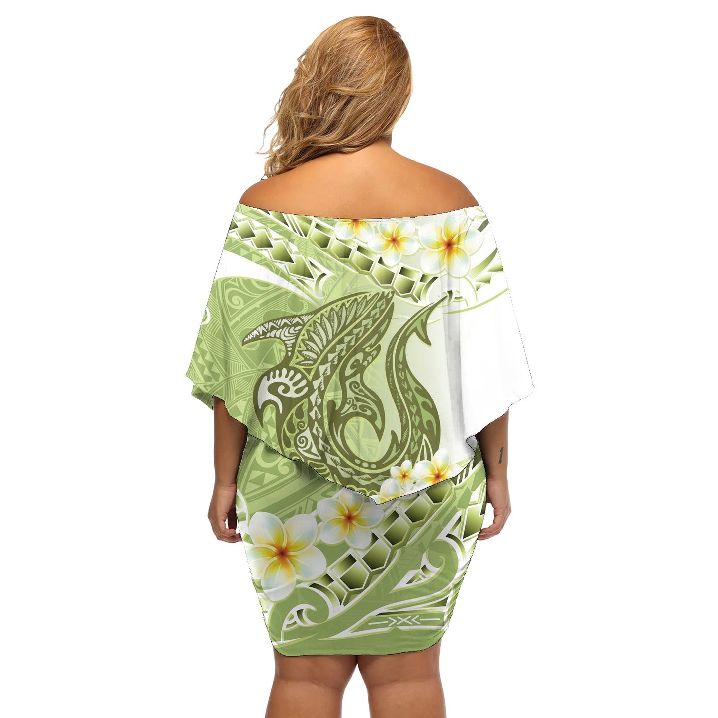 Grünes Hawaii Hai Tattoo Off Shoulder Kurzes Kleid mit blumen Frangipani mit polynesischer Pastell Version LT14