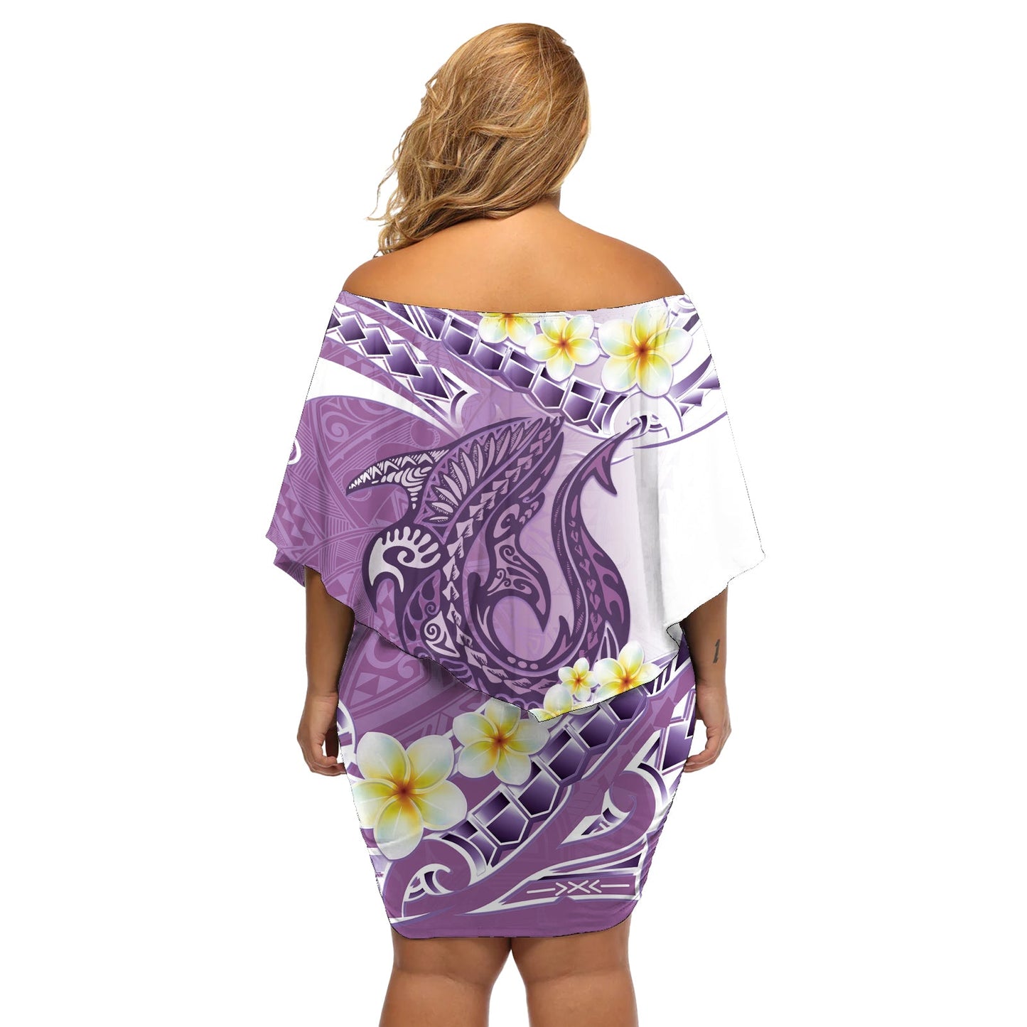 Lila Hawaii Hai Tattoo Off Schulter kurzes Kleid mit blumen Frangipani mit polynesischen Pastell Version LT14