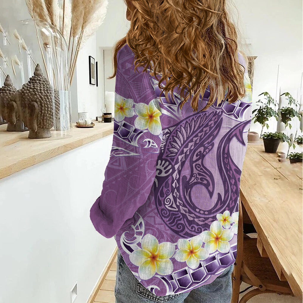 Lila Hawaii Hai Tattoo Frauen Casual Shirt Frangipani mit polynesischen Pastell Version LT14