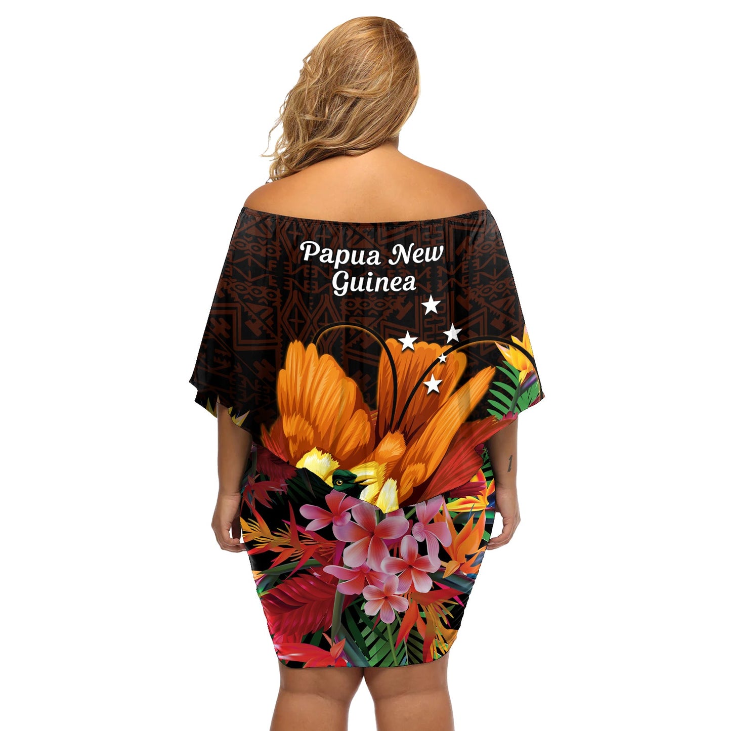 Gude Hi Hai Papua-Neuguinea Off Shoulder Kurzes Kleid blumen Motuan PNG Raggiana Paradiesvogel Tropical Vibes LT14