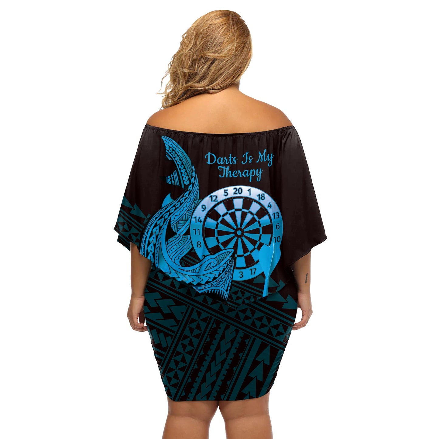 Aloha Hawaii Darts Schulterfreies Kurzes Kleider blumen Dartscheibe mit polynesischem Hai - Blau LT14