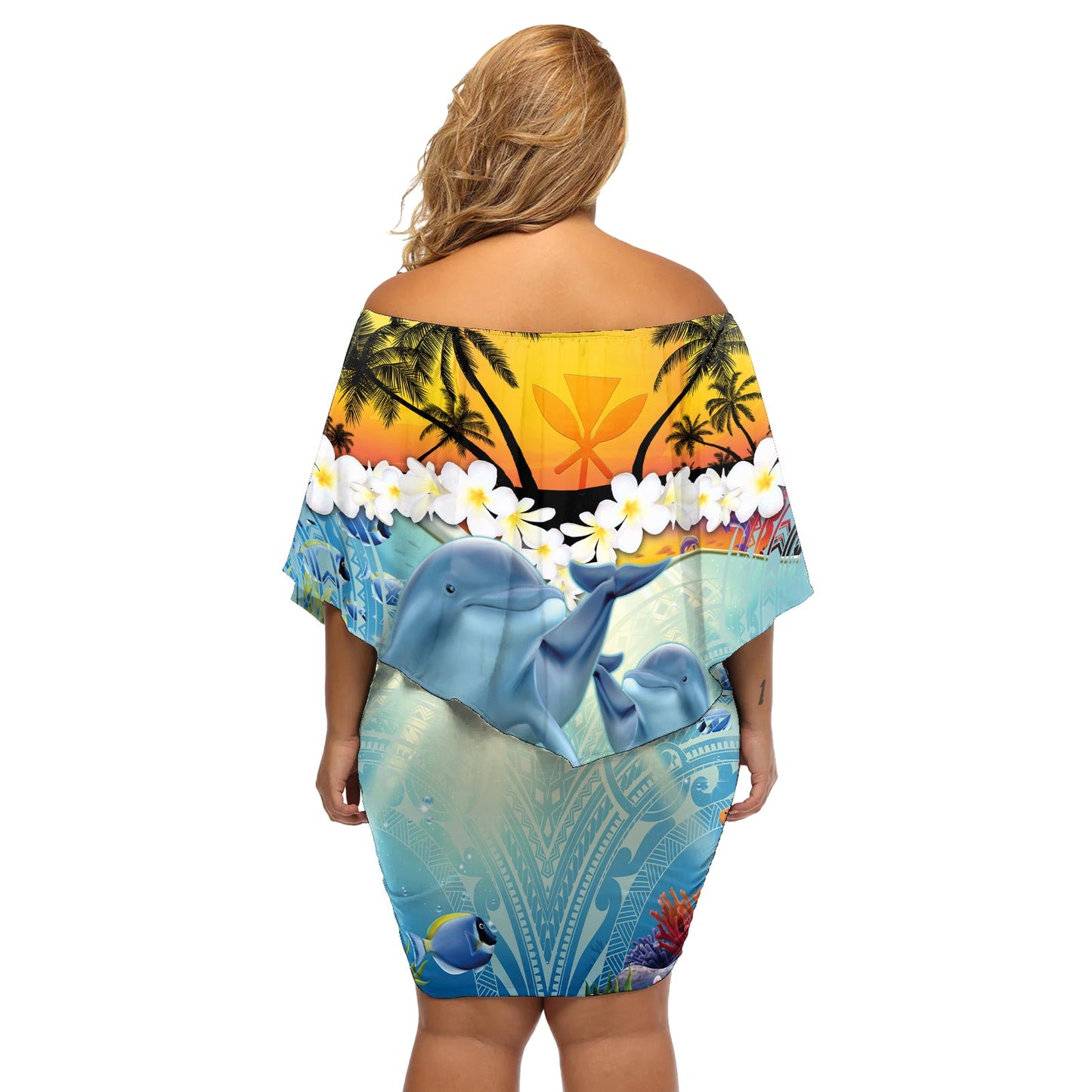 Aloha Hawaii Delfine schulterfreies kurzes Kleid blumen Herz des Ozeans Tropische Sommerstimmung LT14