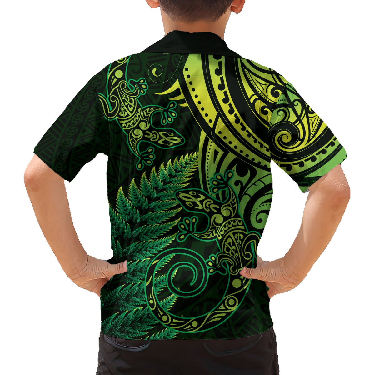 Neuseeland Eidechse Hawaiihemd Silber Farn Aotearoa Maori Grüne Version LT14