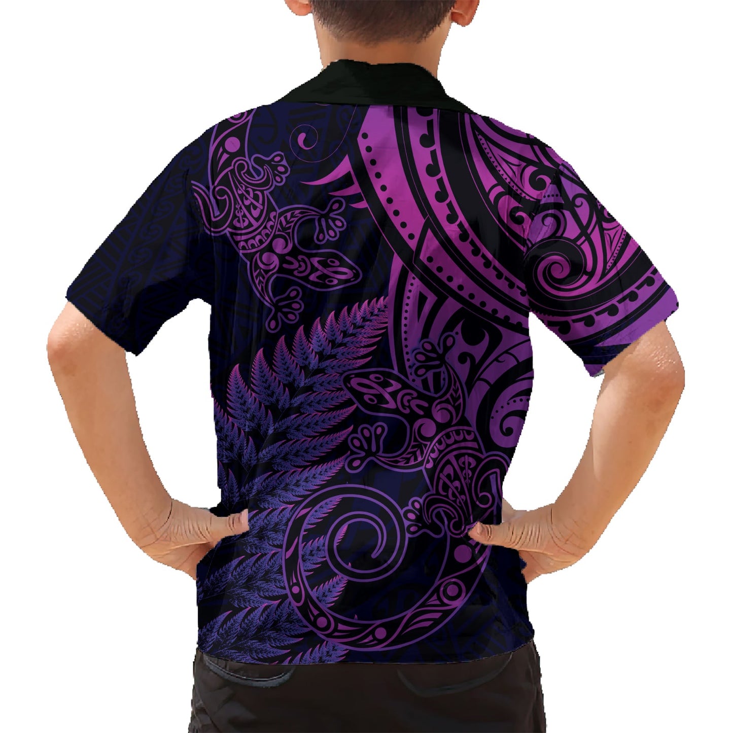 Neuseeland Eidechse Hawaiihemd Silber Farn Aotearoa Maori Lila Version LT14