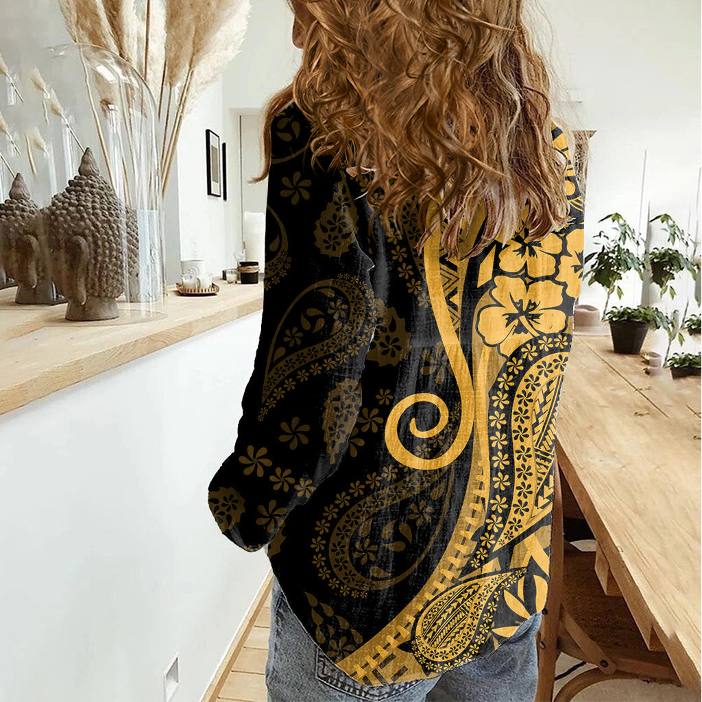 Gold Polynesia Paisley Damen Freizeithemd Polynesianisch mit tropischen Blumen LT14
