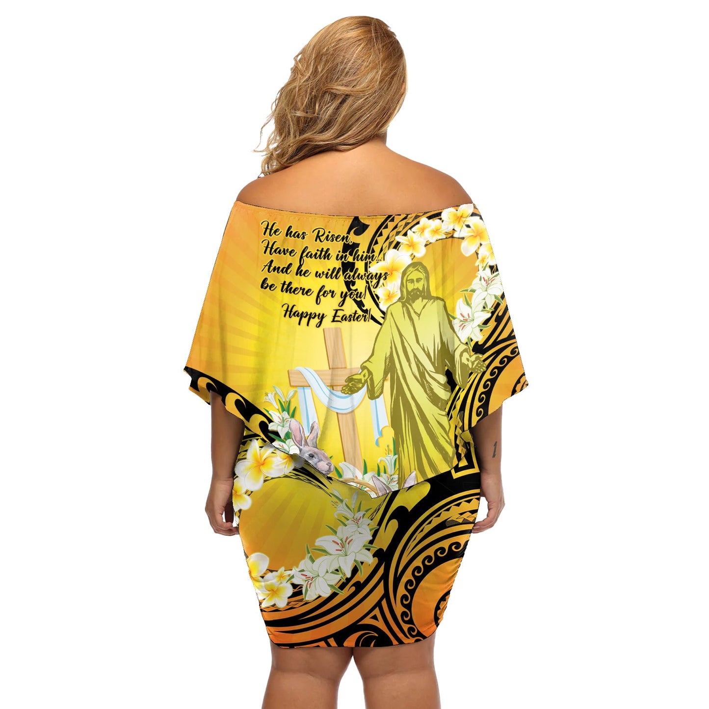 Polynesien Ostertag Schulterfreies Kurzes Kleid blumen Er ist auferstanden Lilium Longiflorum Polynesisches Muster LT14