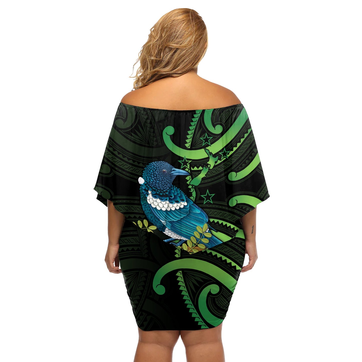 Neuseeland Tui Vogel Off Schulter kurzes Kleid mit blumen Aotearoa Maori mit Kowhai Blumen LT14