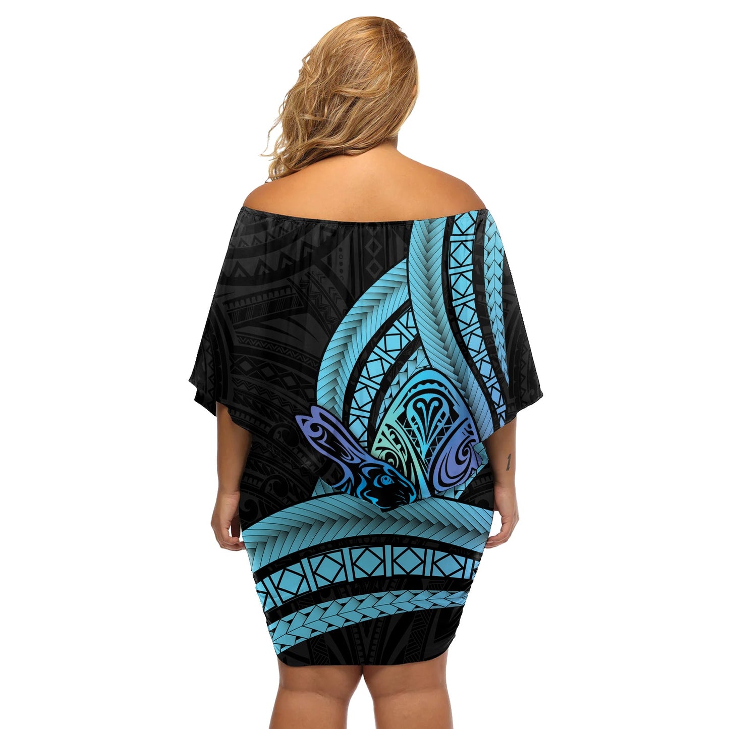 Türkises Polynesien Ostern Schulterfreies Kurzes Kleid blumen Eier mit Hasen Polynesisches Muster LT14