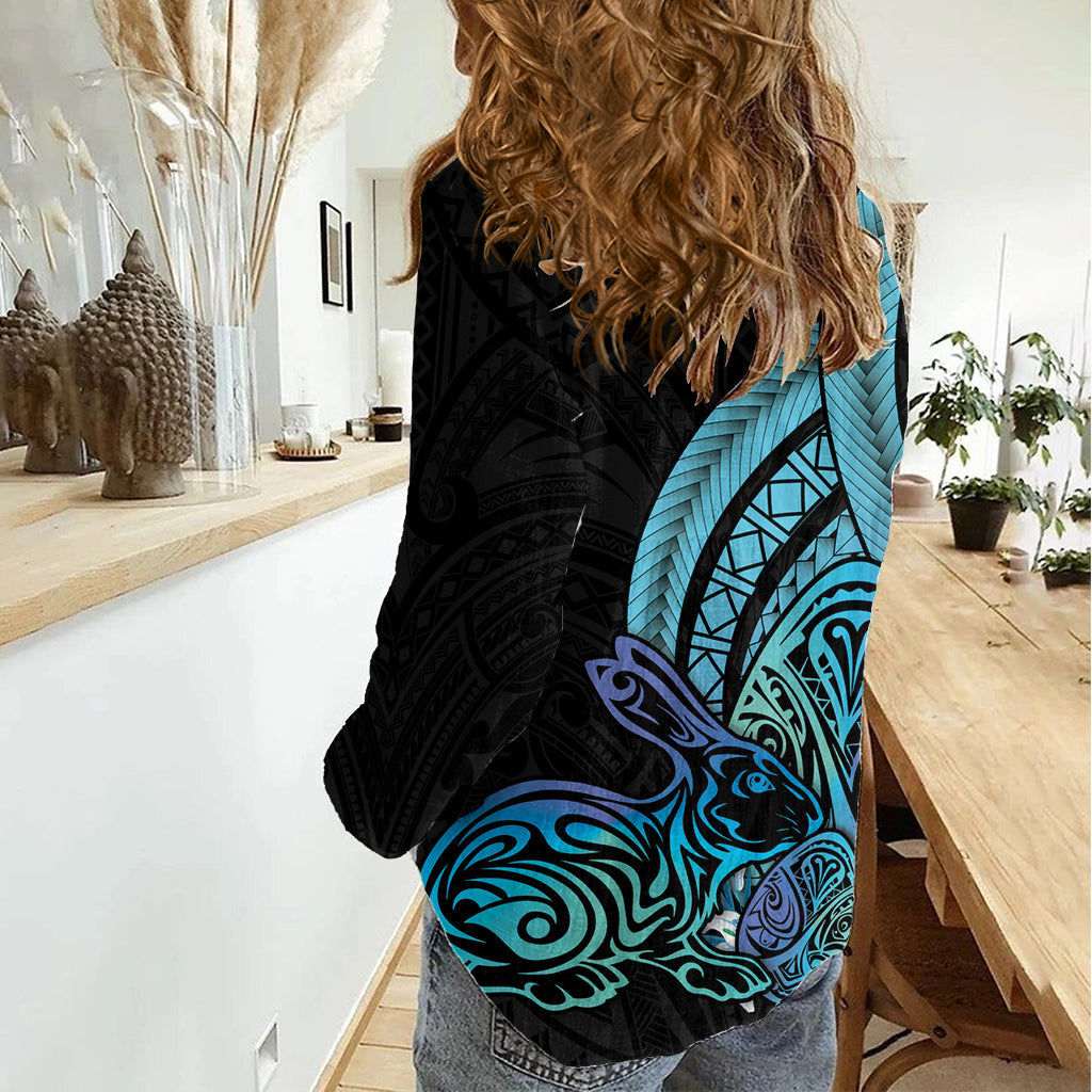 Türkis Polynesien Ostern Tag Frauen Casual Shirt Eier mit Bunny Polynesian Muster LT14