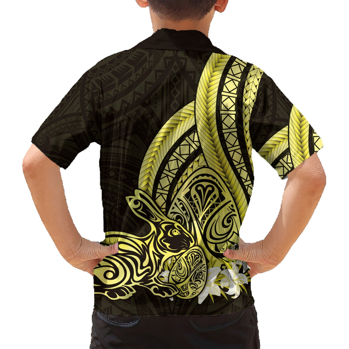 Gelbes Polynesien-Hawaii-Hemd mit Eiern und Häschen, polynesisches Muster LT14