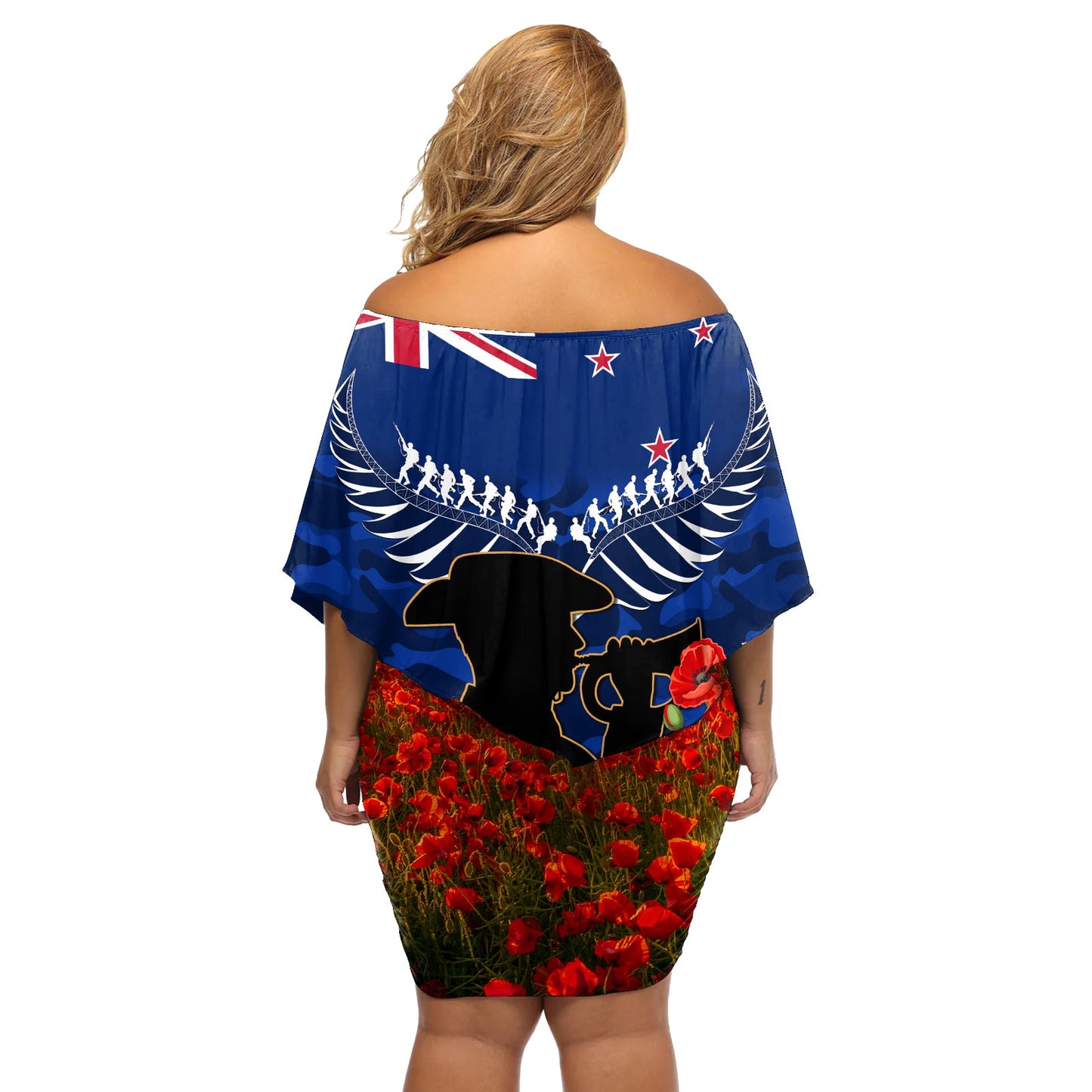 Neuseeland ANZAC Day Schulterfreies Kurzes Kleid blumen 25. April Letzter Beitrag Camouflage mit Mohnblumen LT14