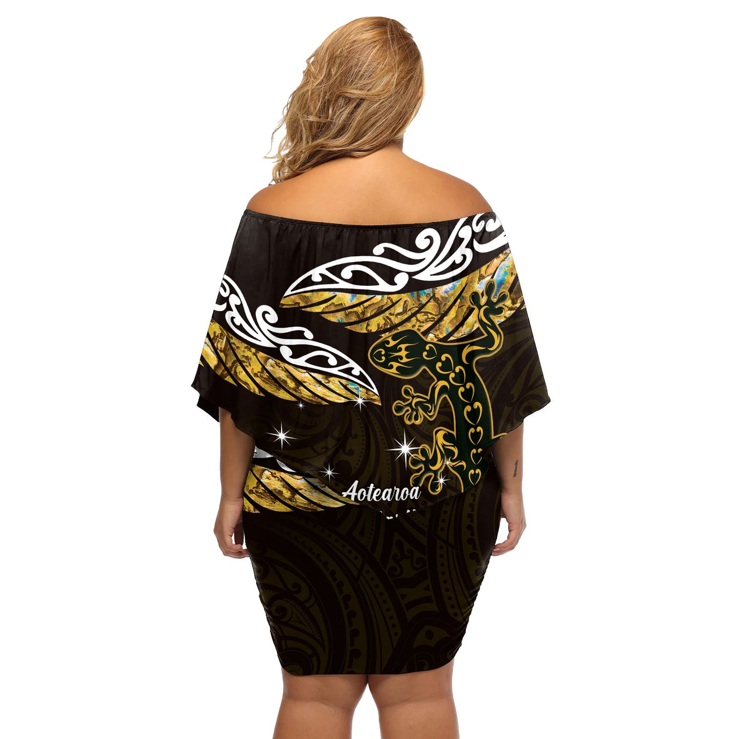 Neuseeland Matariki Off Shoulder Kurzes Kleid blumen Maori Neujahr Silberfarn und Eidechse - Gold LT14