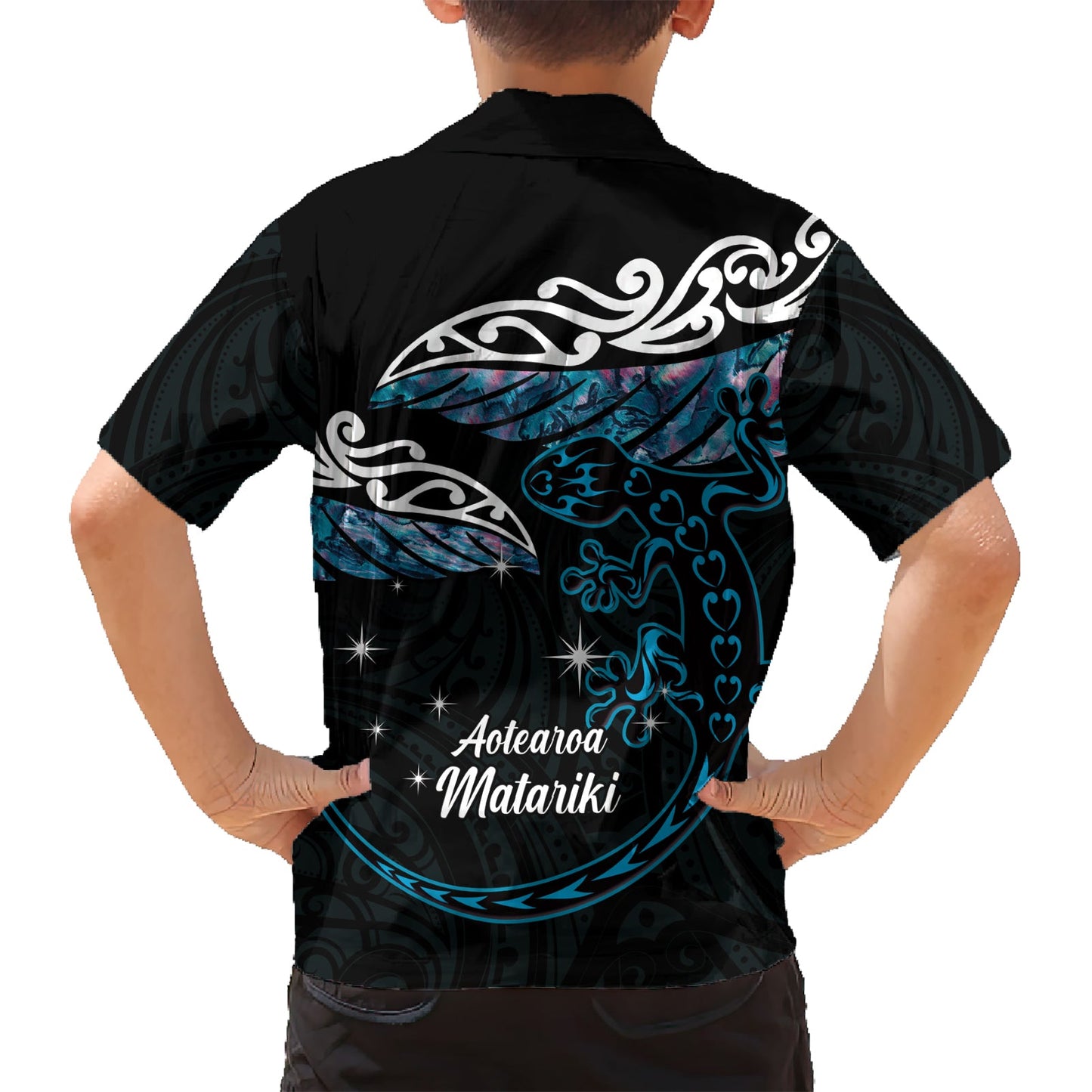 Neuseeland Matariki Hawaiihemd Maori Neujahr Silberfarn und Eidechse - Türkis LT14
