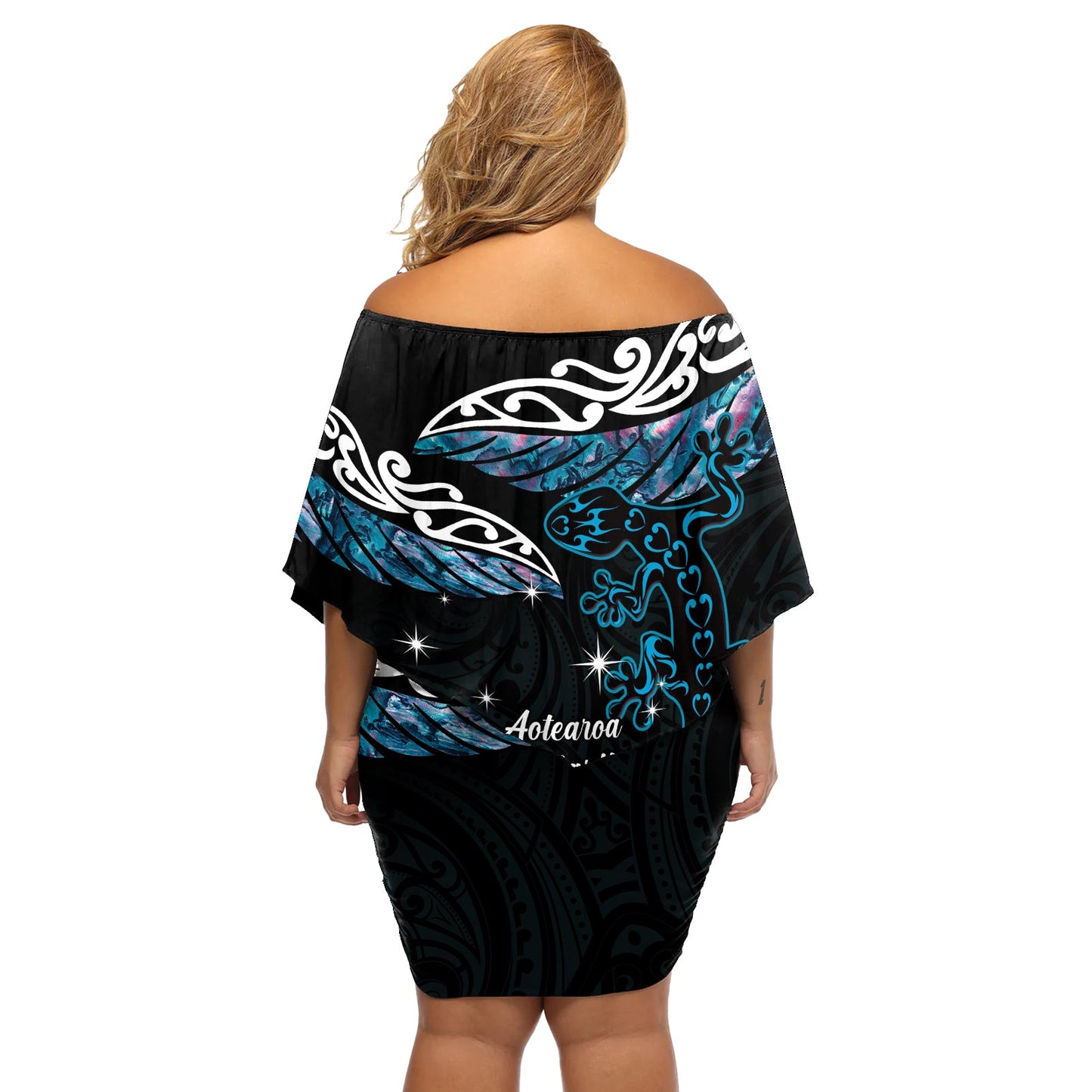 Neuseeland Matariki Off Shoulder Kurzes Kleid blumen Maori Neujahr Silberfarn und Eidechse - Türkis LT14