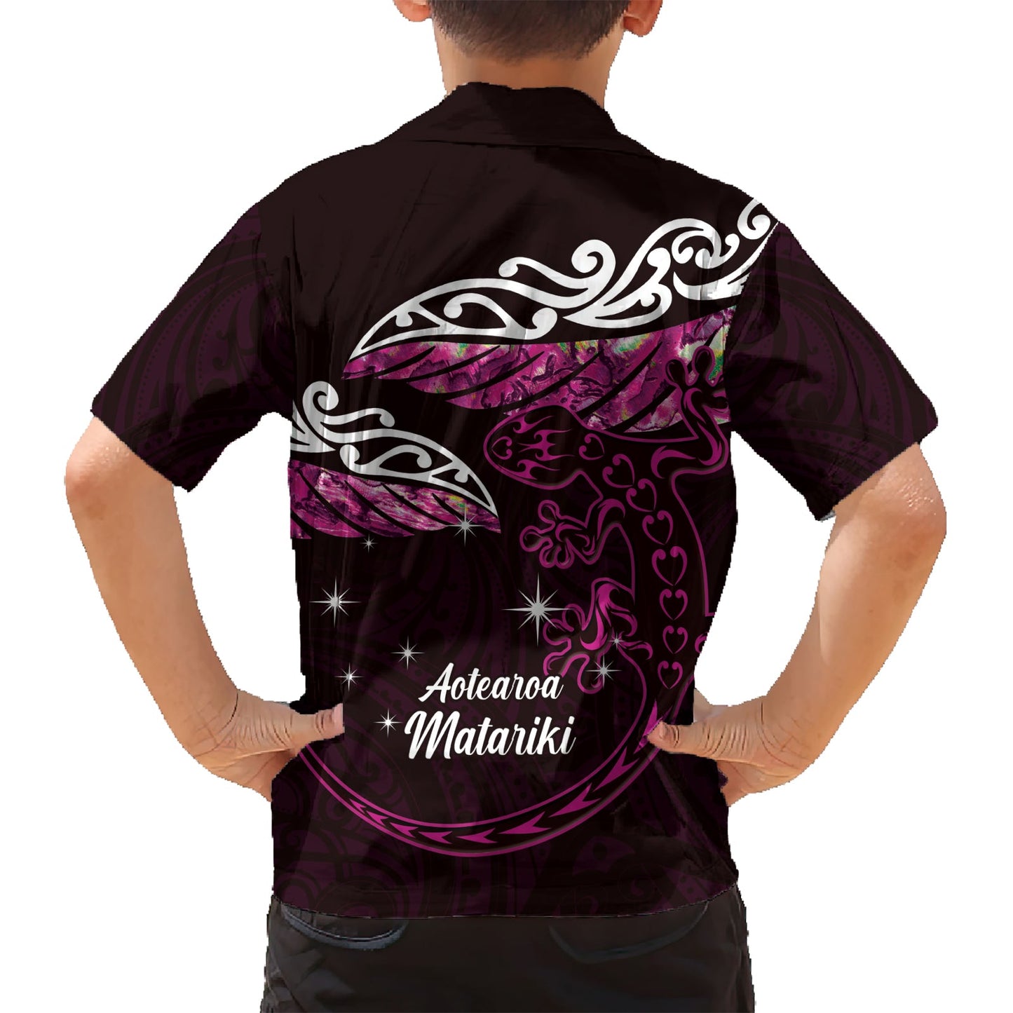 Neuseeland Matariki Hawaiihemd Maori Neujahr Silberfarn und Eidechse - Rosa LT14