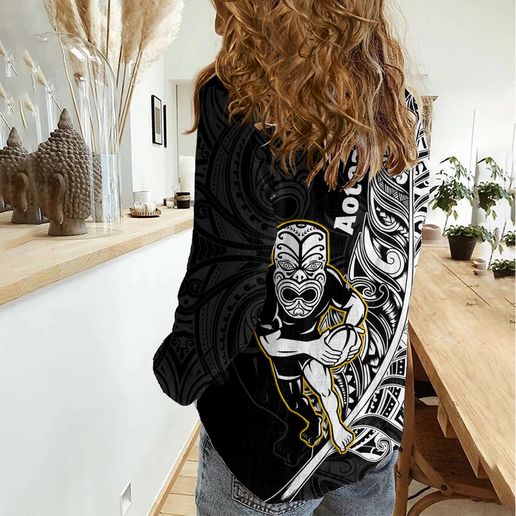 Neuseeland Silver Fern Rugby Damen Freizeithemd Ganz in Schwarz Maori Version Schwarz LT14