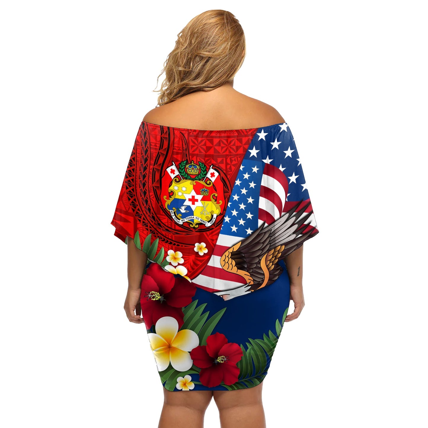 Vereinigte Staaten und Tonga Off Shoulder Kurzes Kleid blumen USA Flagge Adler Mix Tonga Wappen Ngatu Muster LT14