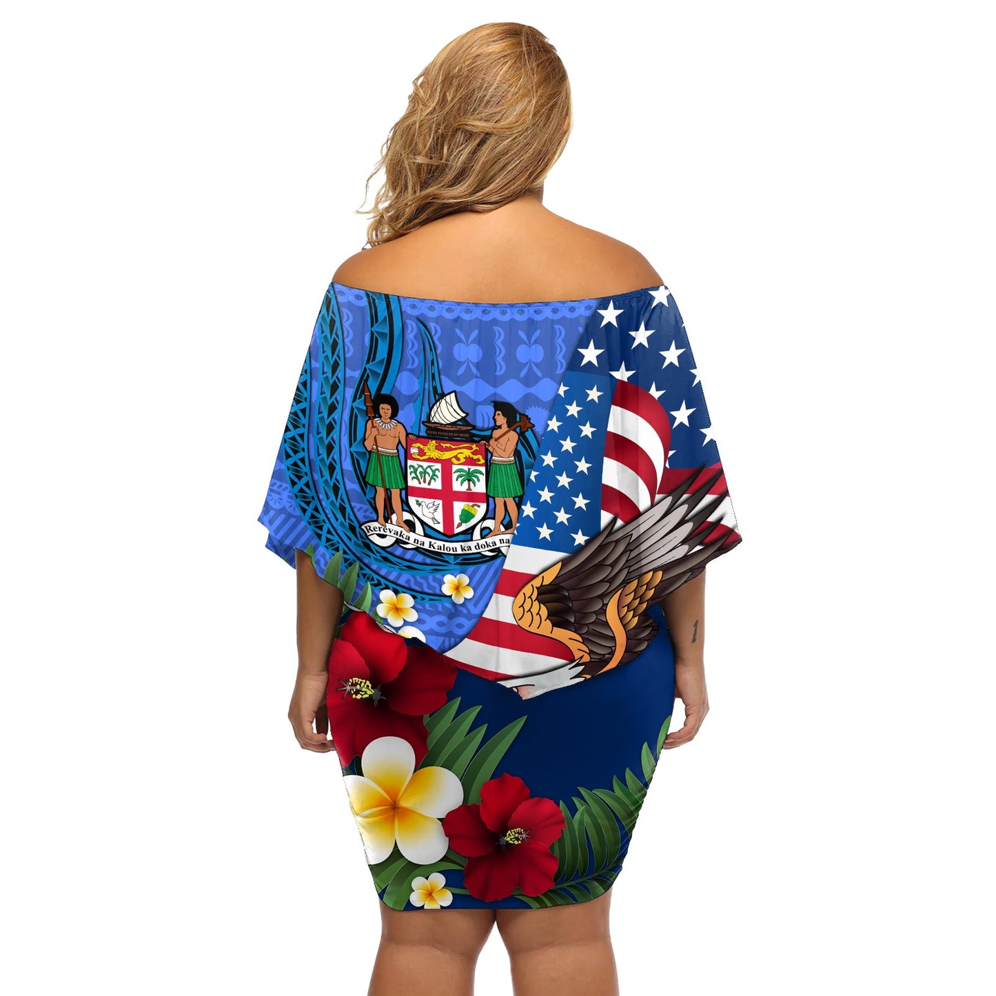 Vereinigte Staaten und Fidschi schulterfreies kurzes Kleid blumen USA Flagge Adler Mix Fidschianisches Wappen Tapa Muster LT14
