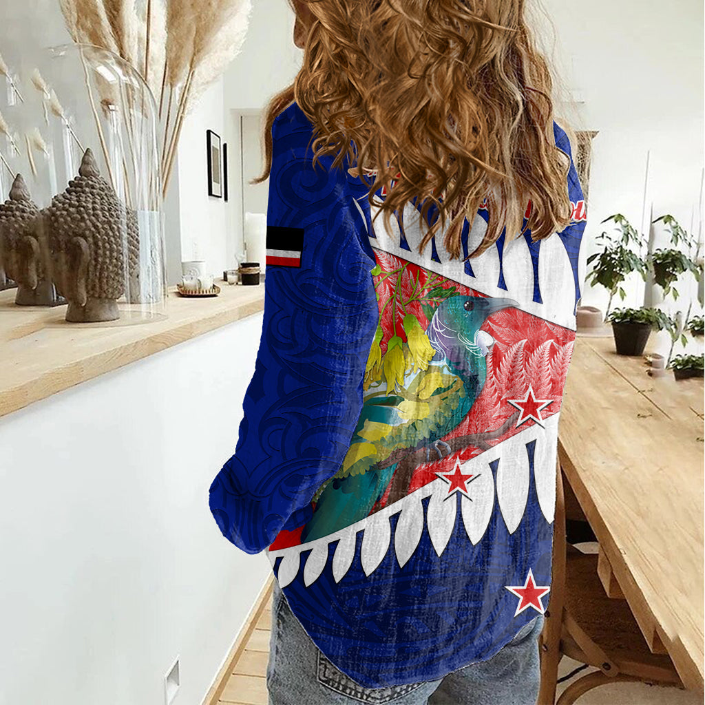 Neuseeland Waitangi Day Damen Freizeithemd NZ Maori Tui Vogel mit Kowhai Blumen LT14