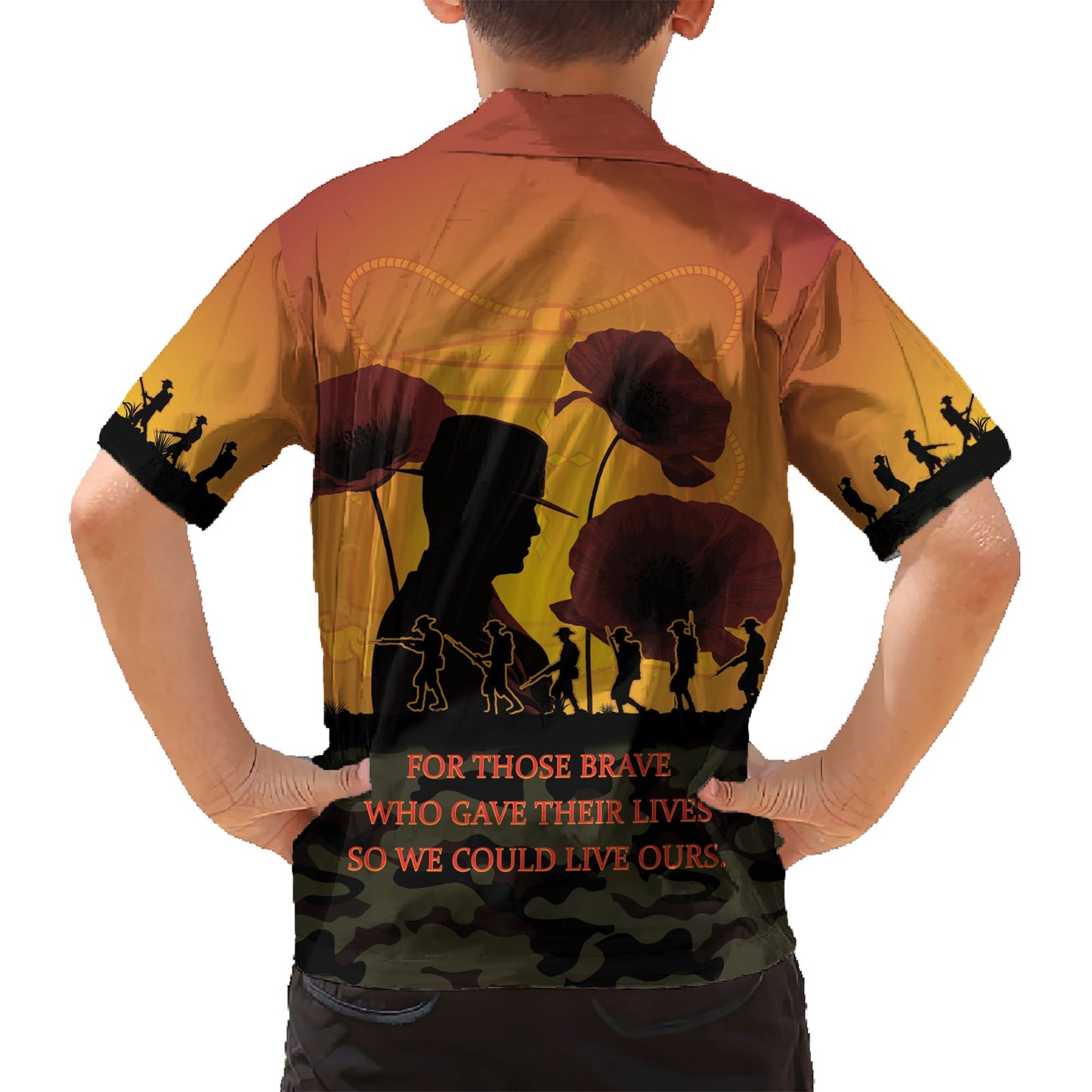 Tokelau ANZAC Day Hawaiihemd Camouflage mit Mohnblumen Lest We Forget LT14