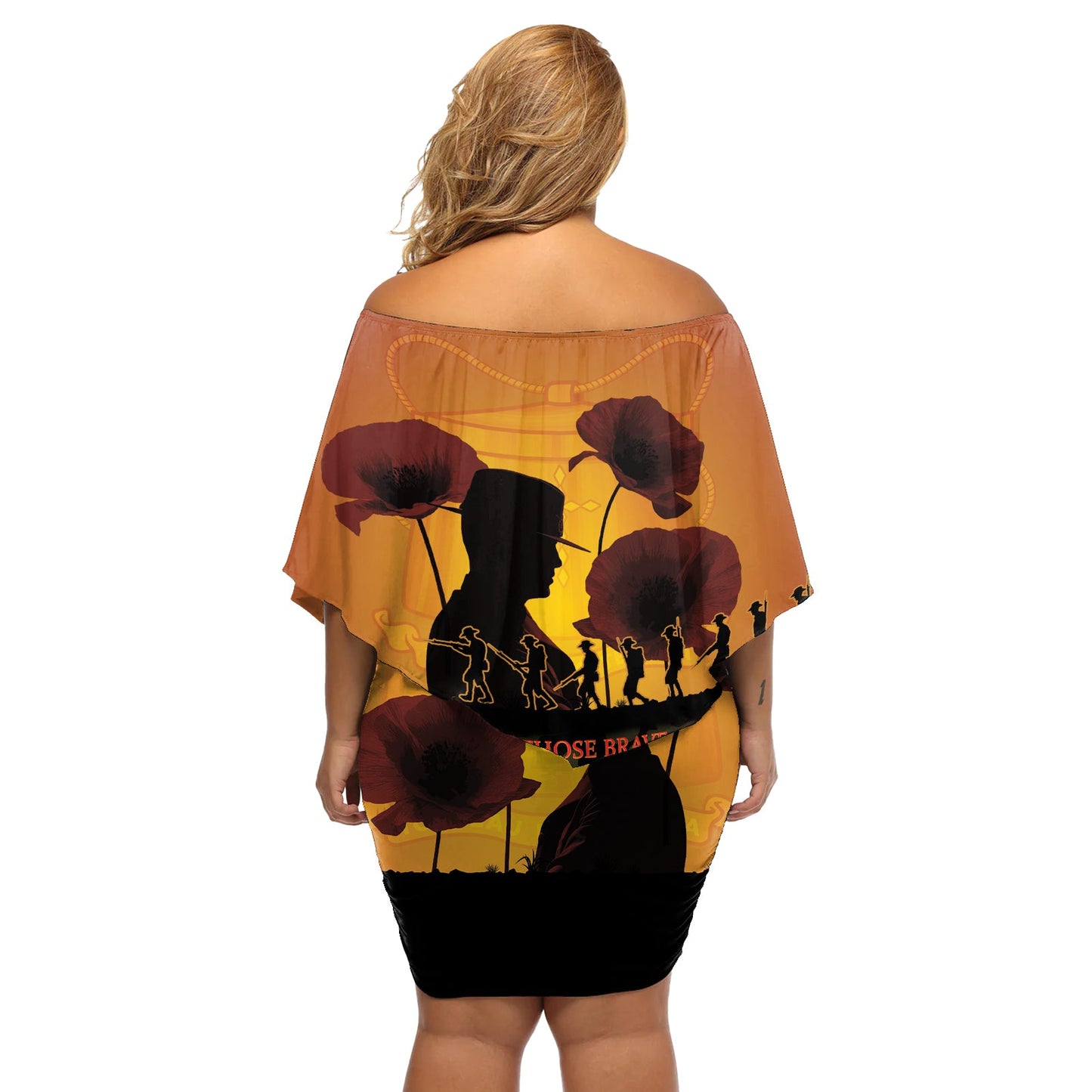 Tokelau ANZAC Day Schulterfreies, kurzes Kleid blumen, Camouflage mit Mohnblumen, Lest We Forget LT14