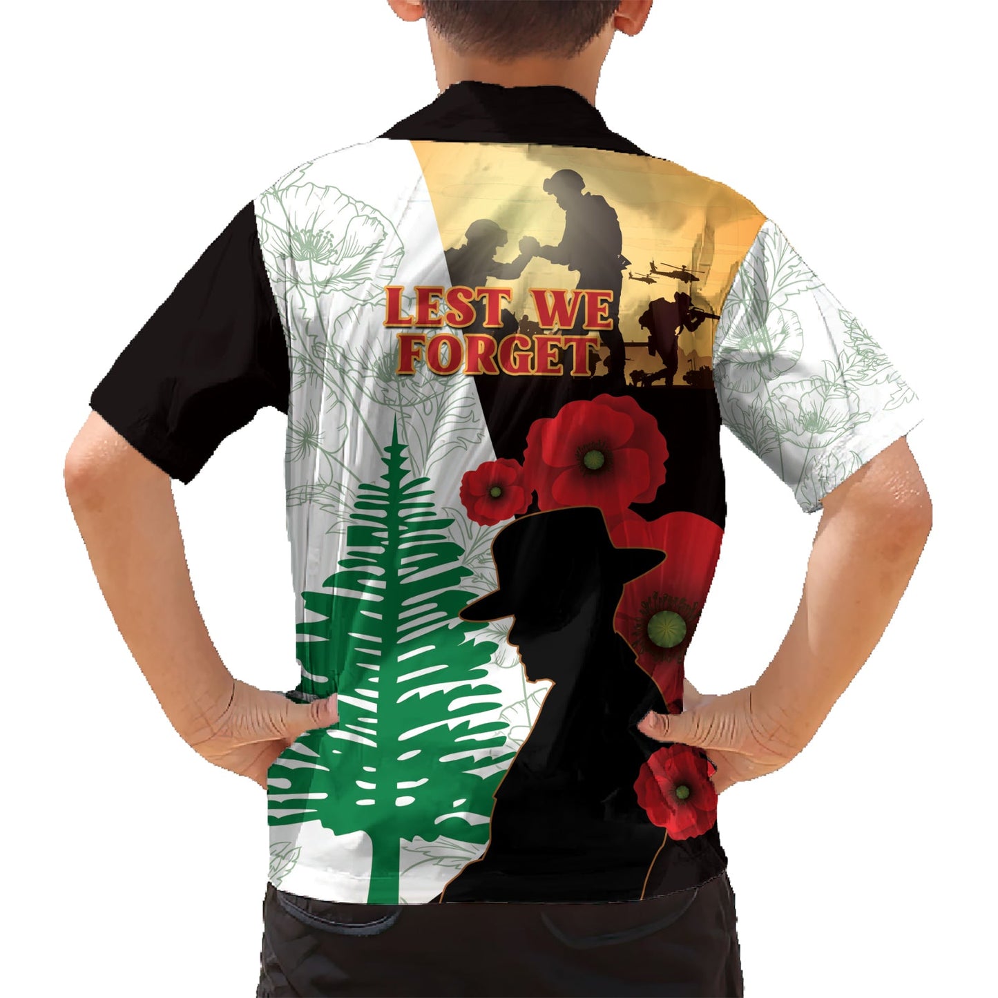 Norfolkinsel ANZAC Day Hawaiihemd Kiefer mit Mohnblumen Lest We Forget LT14
