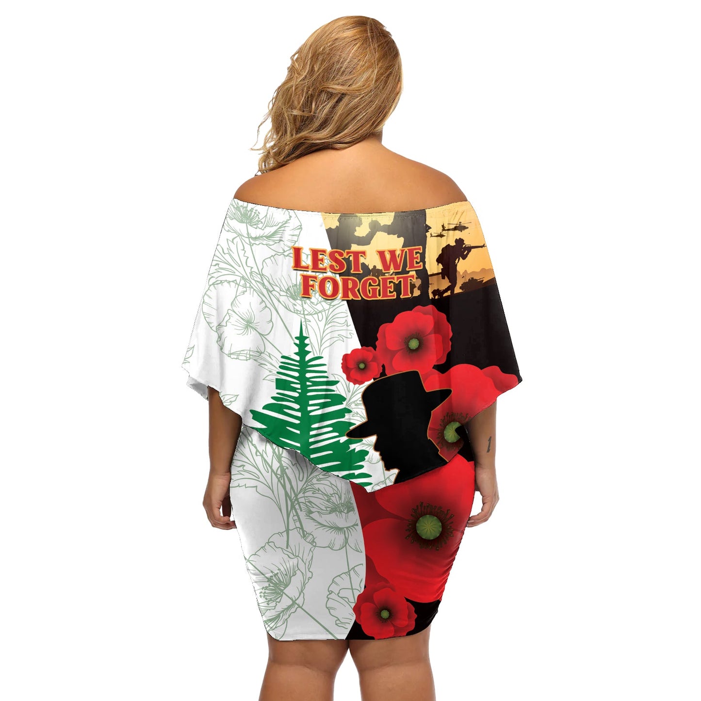 Norfolk Island ANZAC Day Schulterfreies kurzes Kleid blumen Kiefer mit Mohnblumen Lest We Forget LT14