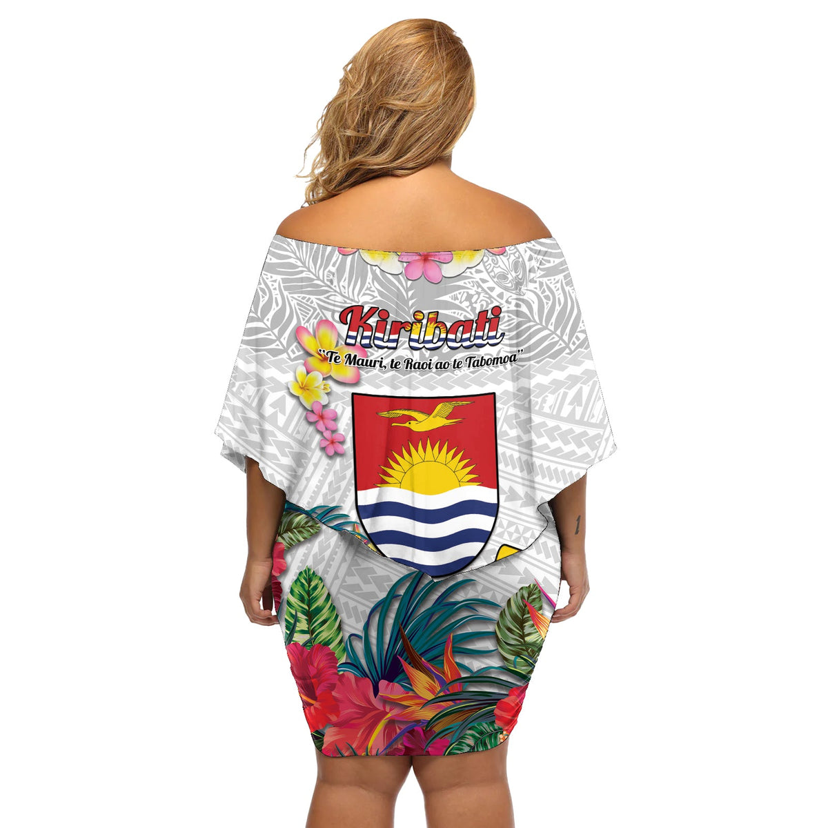Kiribati Unabhängigkeitstag Schulterfreies Kurzes Kleid mit blumen Fregattvogel Mix Tropische Blumen - Weiß Stil LT14