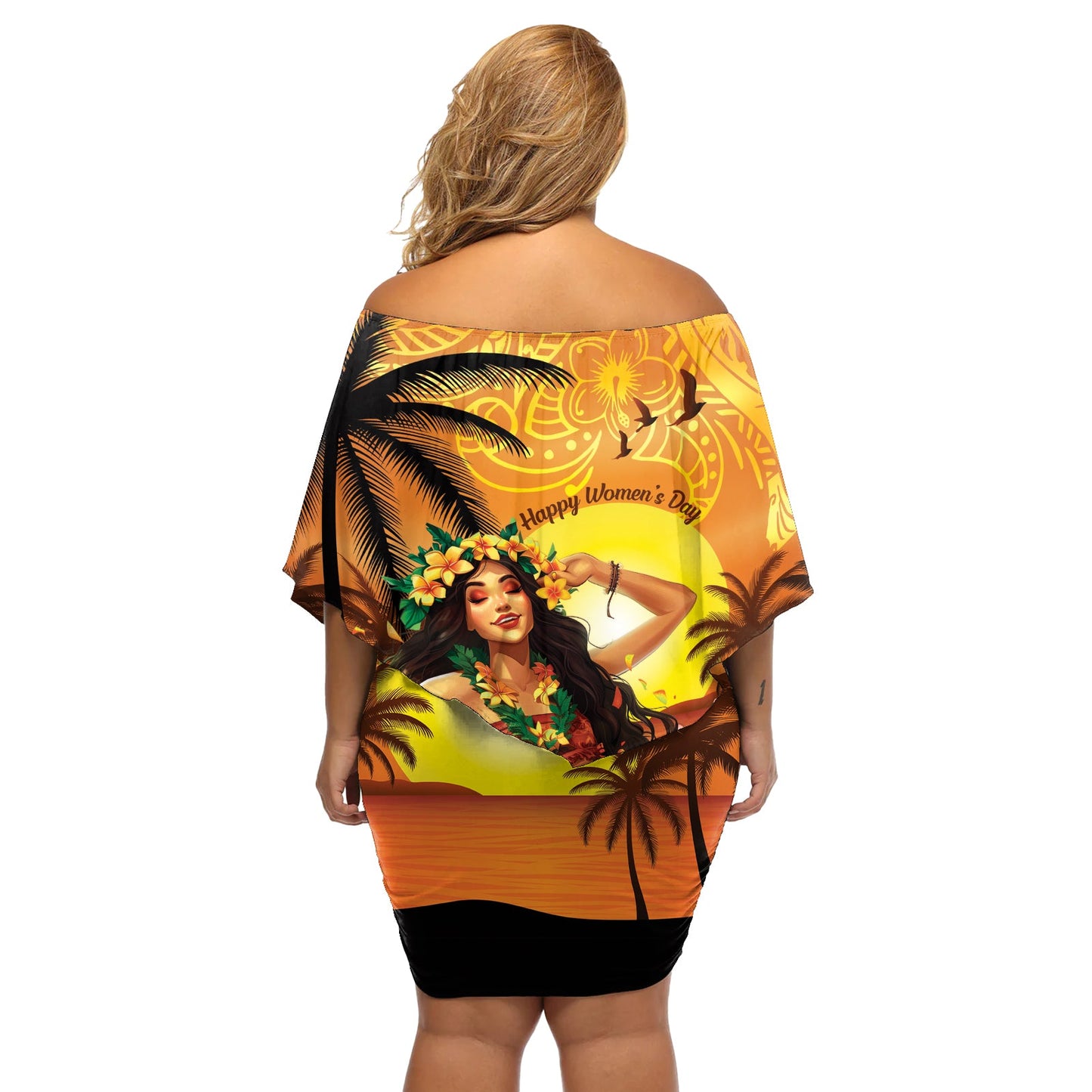 Aloha Hawaii Damen Tag Schulterfreies Kurzes Kleid blumen Hula Mädchen Mit Sonnenuntergang Vibes LT14