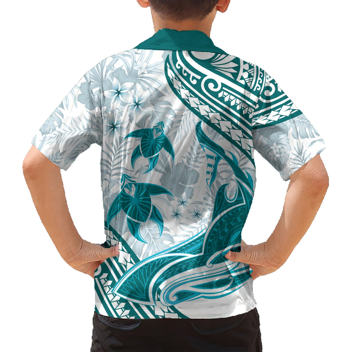Cyan Polynesien Hawaiihemd Polynesische Schildkröte Hai Tattoo Tropischer Vintage LT14